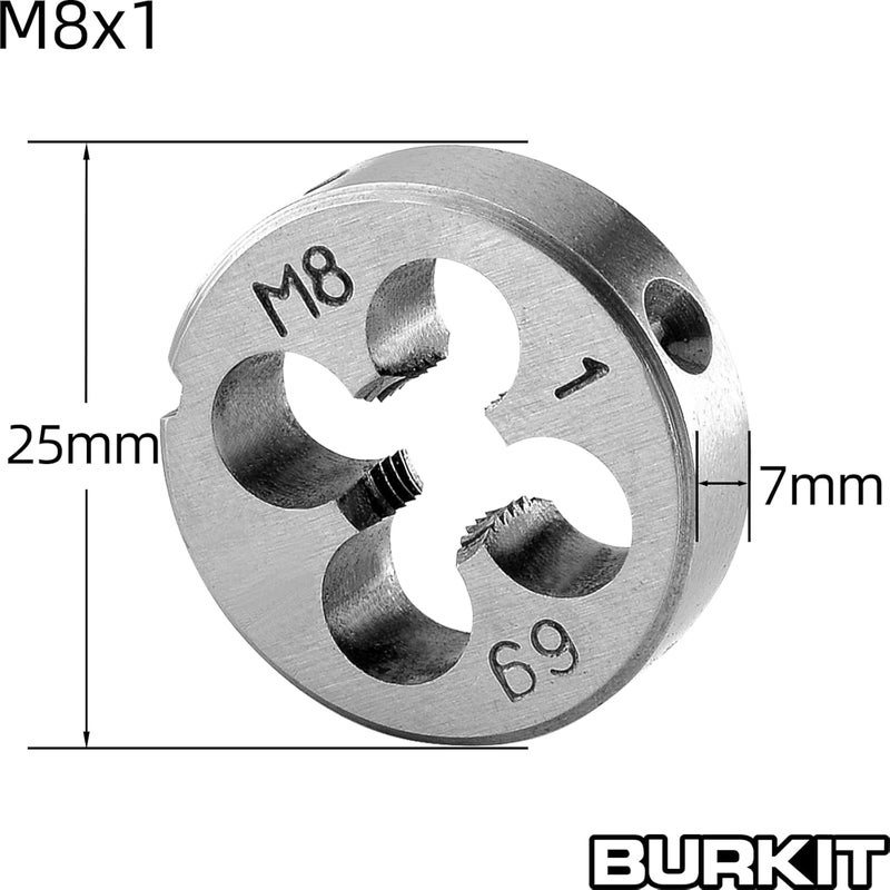 Burkit M8 X 1 Tap and Die Set, M8 x 1.0 Machine Thread Tap and Round Die Right Hand - Image 3